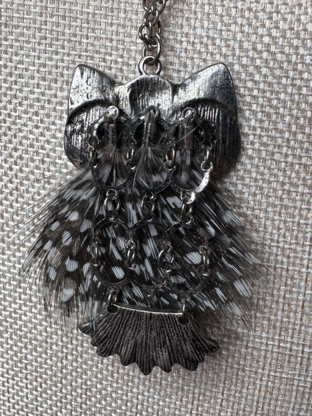 Owl Pendant Necklace - Black & White Feather Charm - Picture 4 of 4